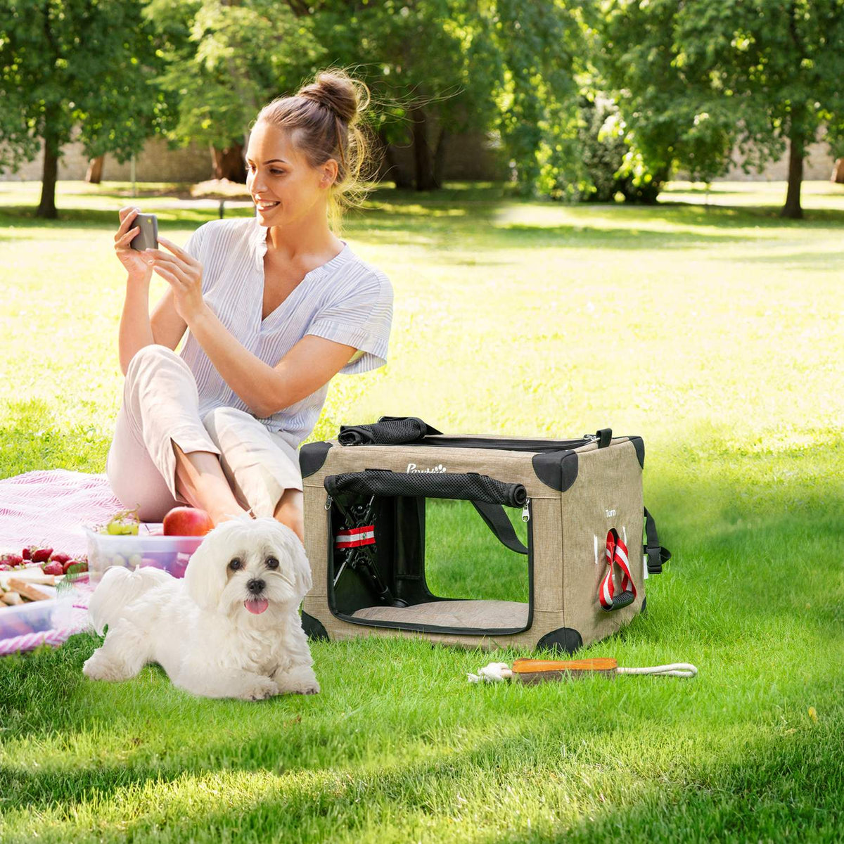 Dog Box, Dog Transport Box, Travel Box, Foldable, Dog Bag With Carrying Handle, Oxford Fabric, Khaki, 48.5X33.5X33Cm