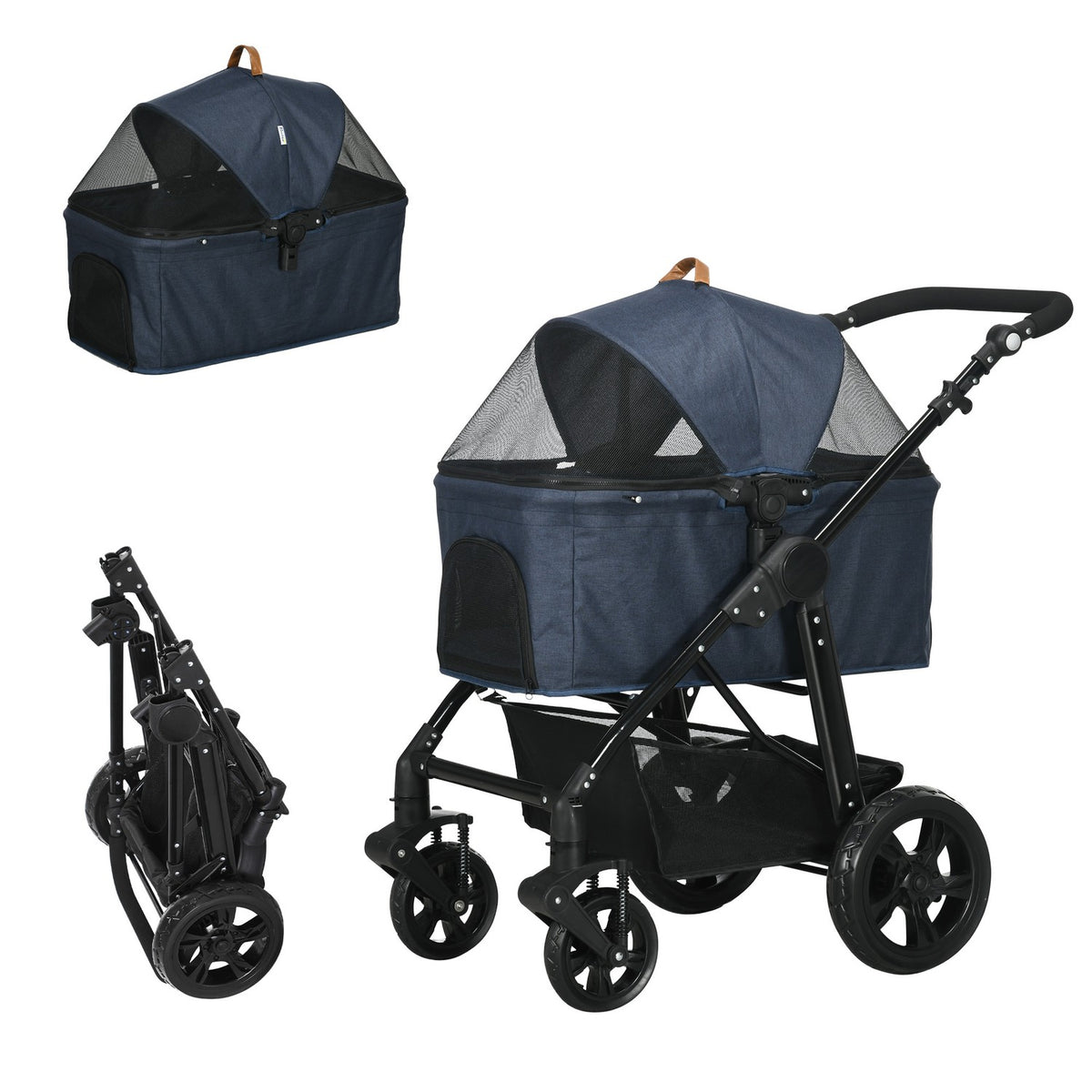 Dog Buggy 2 In 1 Dog Stroller Transport Bag, Folding Cat Stroller, Dog Box, Cat Buggy With Mesh Window, Up To 10 Kg, Oxford, Dark Blue