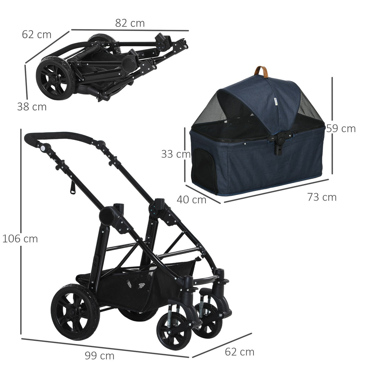 Dog Buggy 2 In 1 Dog Stroller Transport Bag, Folding Cat Stroller, Dog Box, Cat Buggy With Mesh Window, Up To 10 Kg, Oxford, Dark Blue