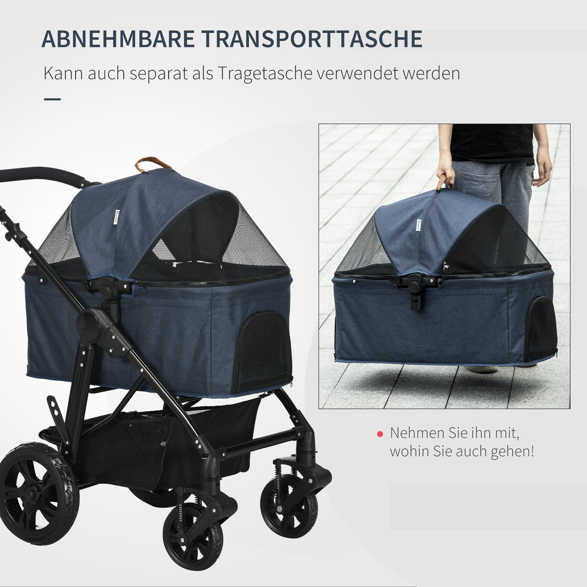 Dog Buggy 2 In 1 Dog Stroller Transport Bag, Folding Cat Stroller, Dog Box, Cat Buggy With Mesh Window, Up To 10 Kg, Oxford, Dark Blue