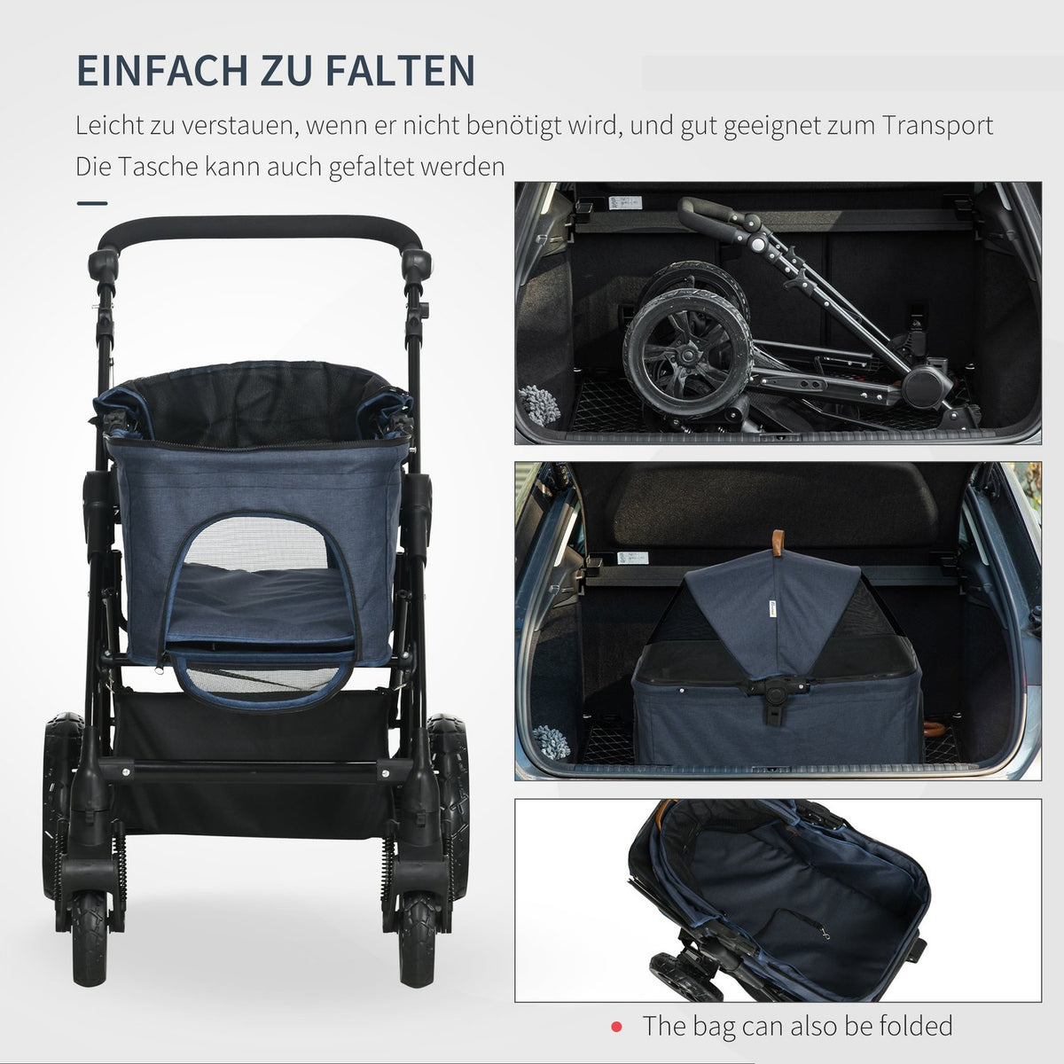 Dog Buggy 2 In 1 Dog Stroller Transport Bag, Folding Cat Stroller, Dog Box, Cat Buggy With Mesh Window, Up To 10 Kg, Oxford, Dark Blue