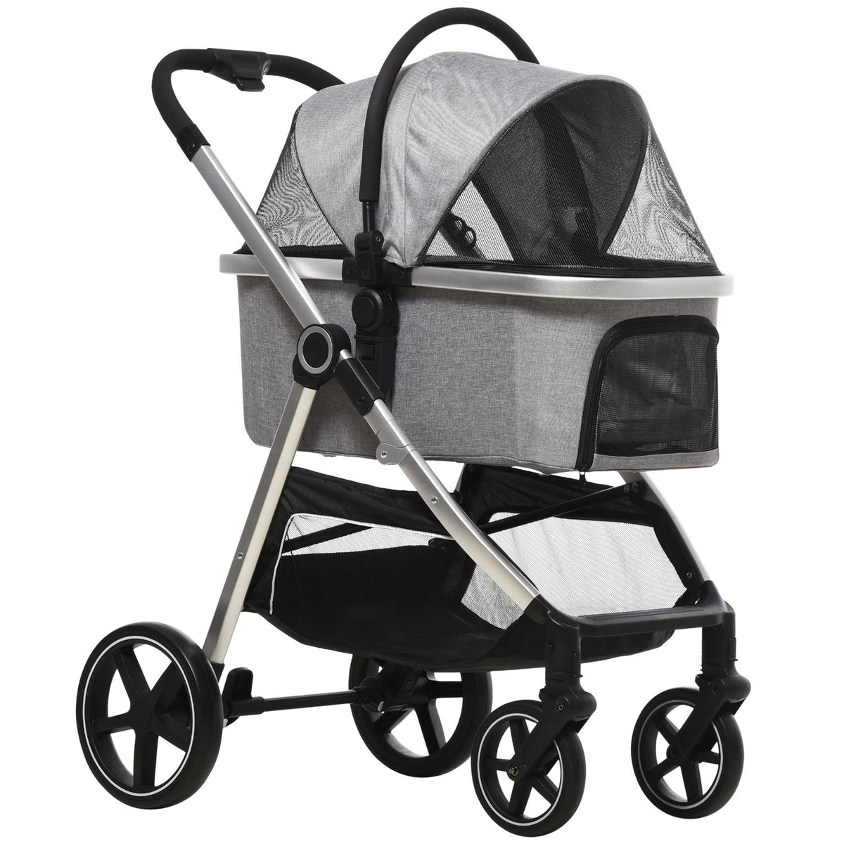 Dog Buggy 2-In-1 Foldable Brakes Mesh Window Safety Leashes Light Gray Up To 15Kg