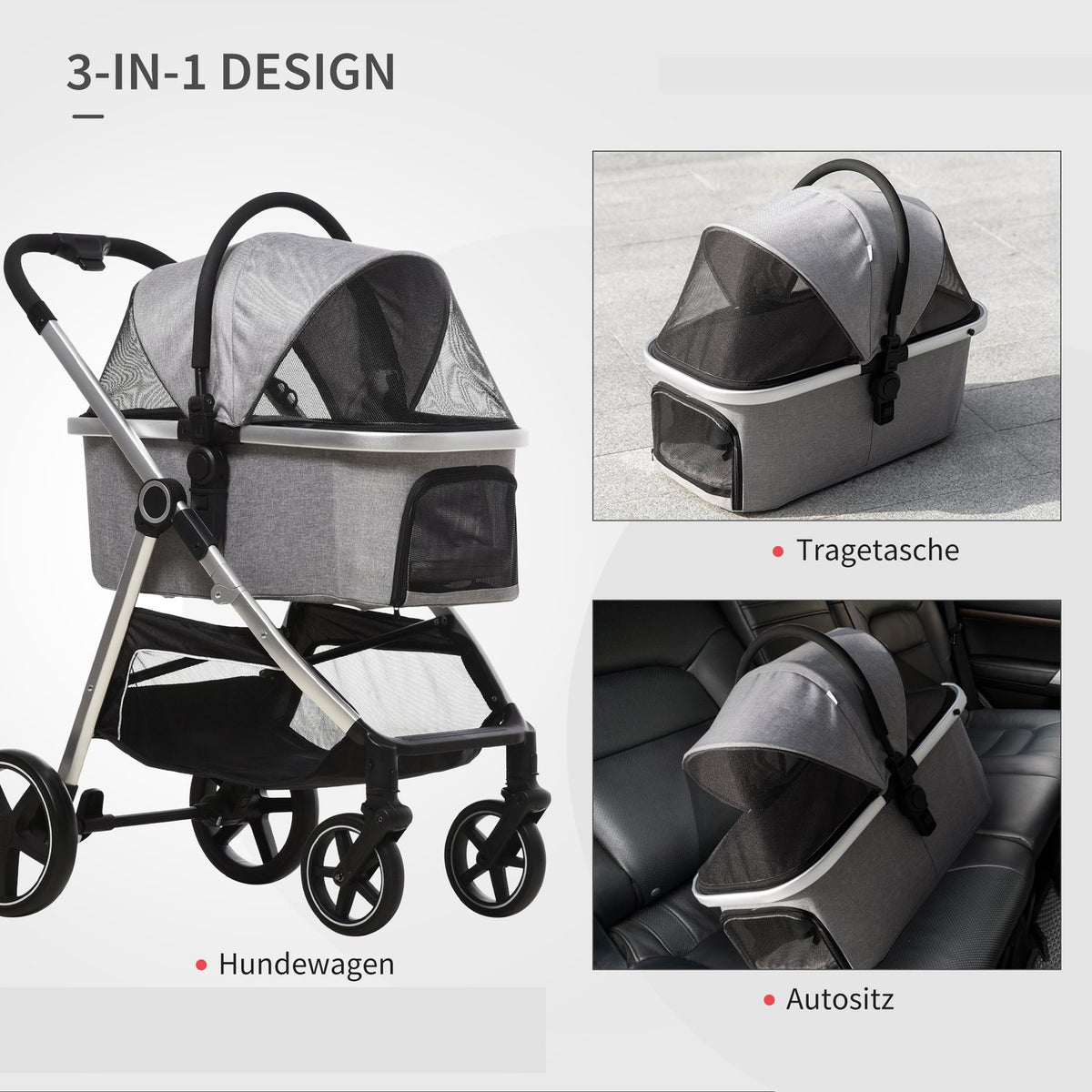 Dog Buggy 2-In-1 Foldable Brakes Mesh Window Safety Leashes Light Gray Up To 15Kg