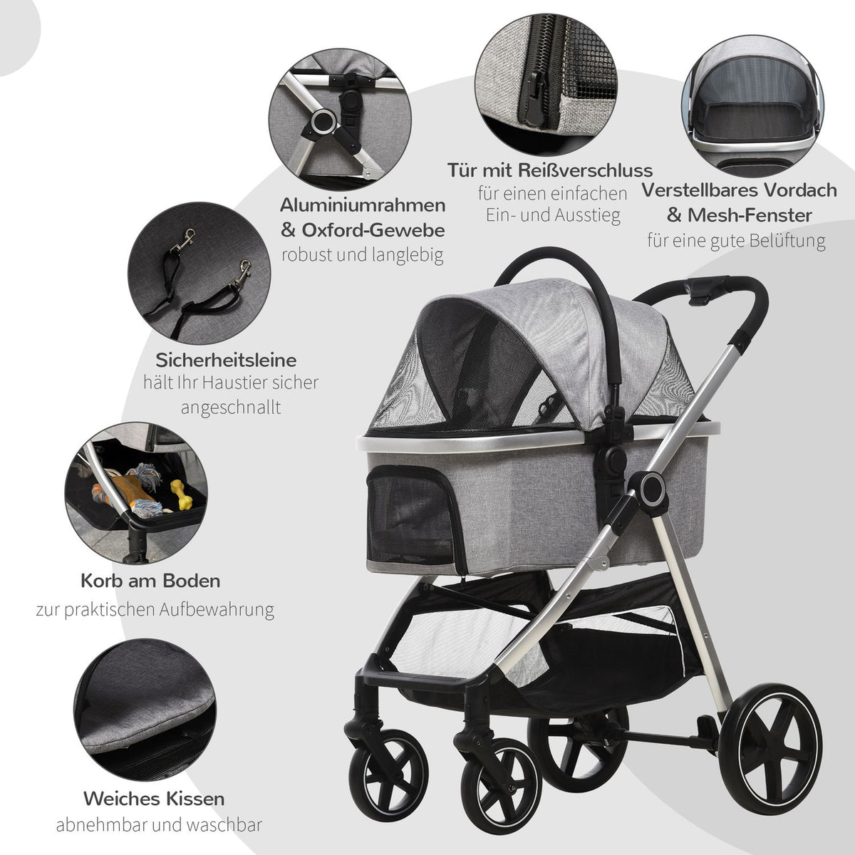 Dog Buggy 2-In-1 Foldable Brakes Mesh Window Safety Leashes Light Gray Up To 15Kg