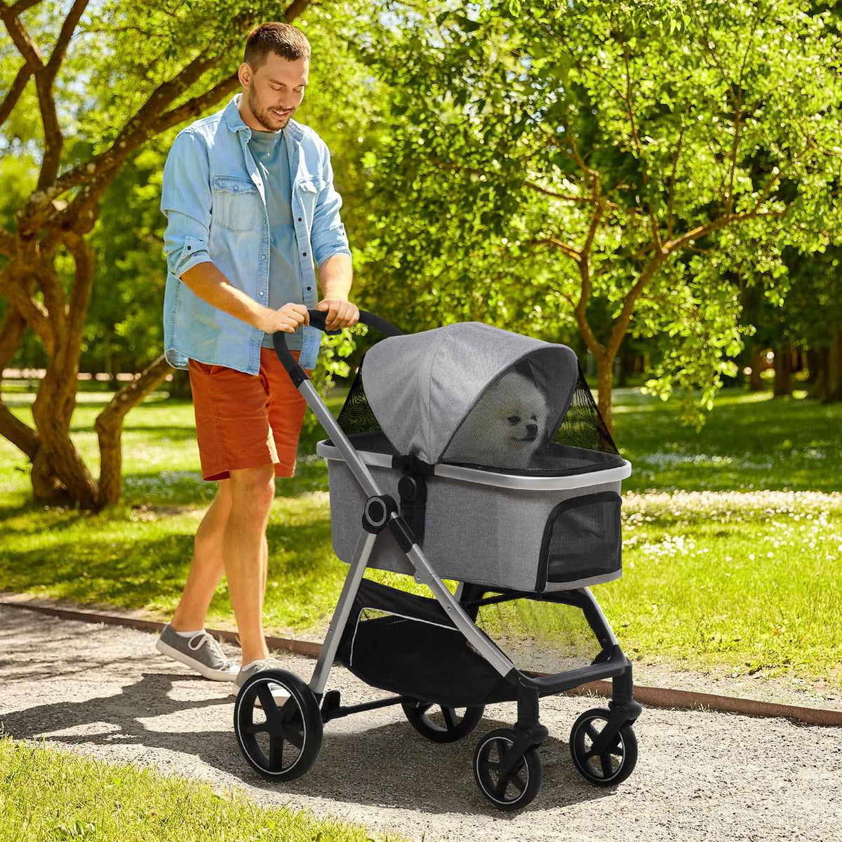Dog Buggy 2-In-1 Foldable Brakes Mesh Window Safety Leashes Light Gray Up To 15Kg