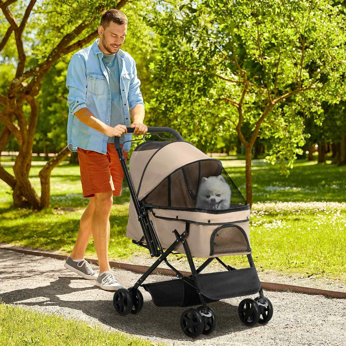 Dog Buggy Dog Cart Buggy For Small Dogs And Cats Pet Cart Cat Buggy Oxford Light Brown 76.5 X 52 X 95 Cm