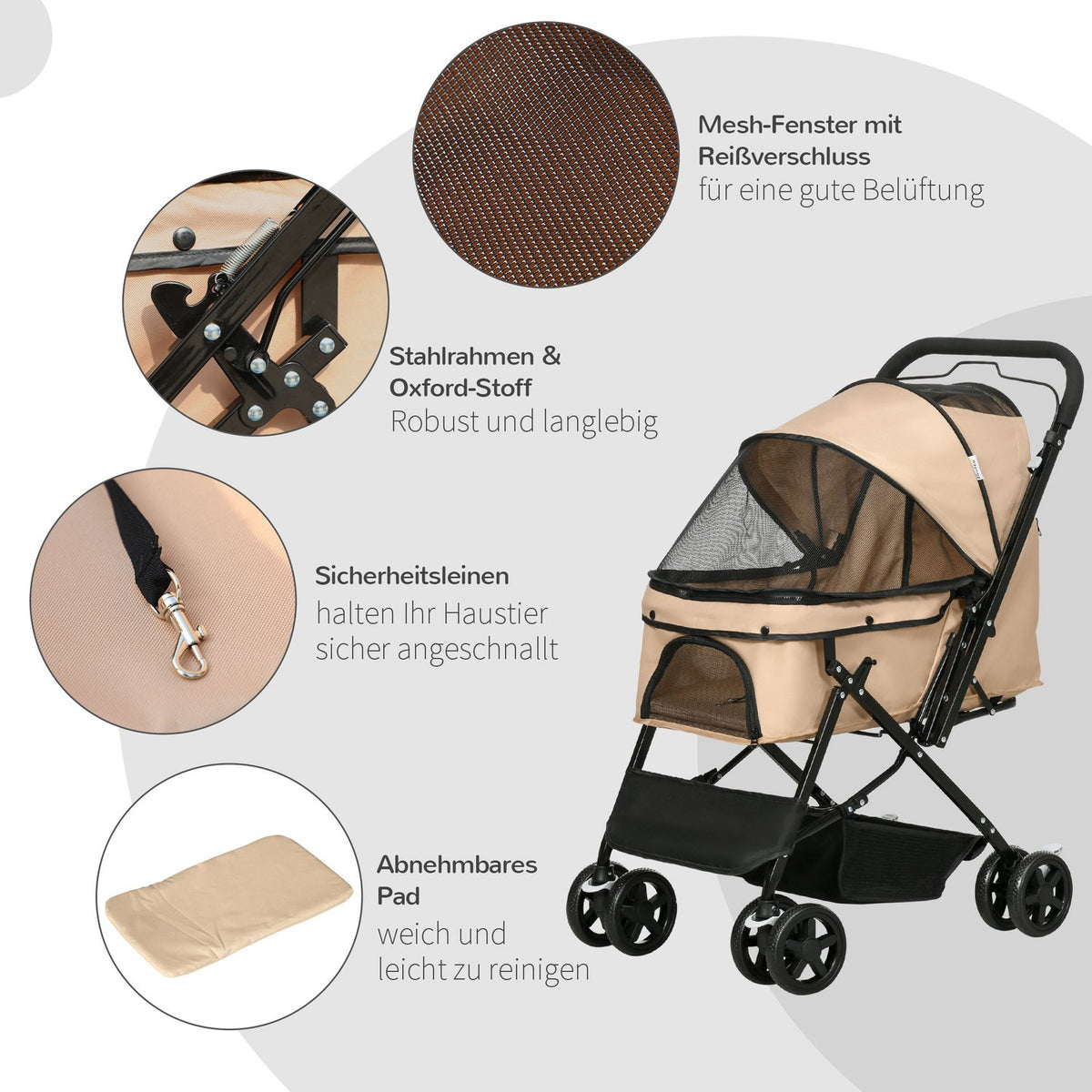 Dog Buggy Dog Cart Buggy For Small Dogs And Cats Pet Cart Cat Buggy Oxford Light Brown 76.5 X 52 X 95 Cm