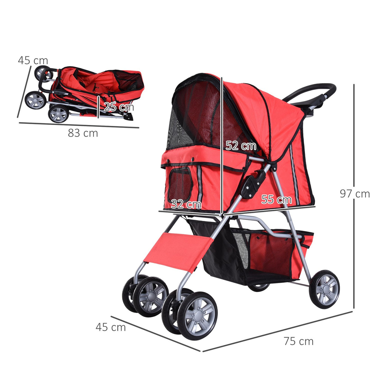 Dog Buggy Dog Cart In Red, Dog Pram Buggy Stroller Jogger Trailer, Lightweight & Foldable
