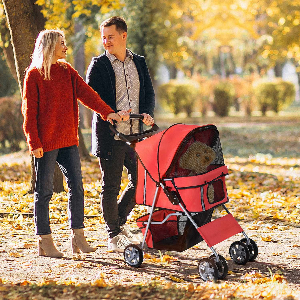 Dog Buggy Dog Cart In Red, Dog Pram Buggy Stroller Jogger Trailer, Lightweight & Foldable