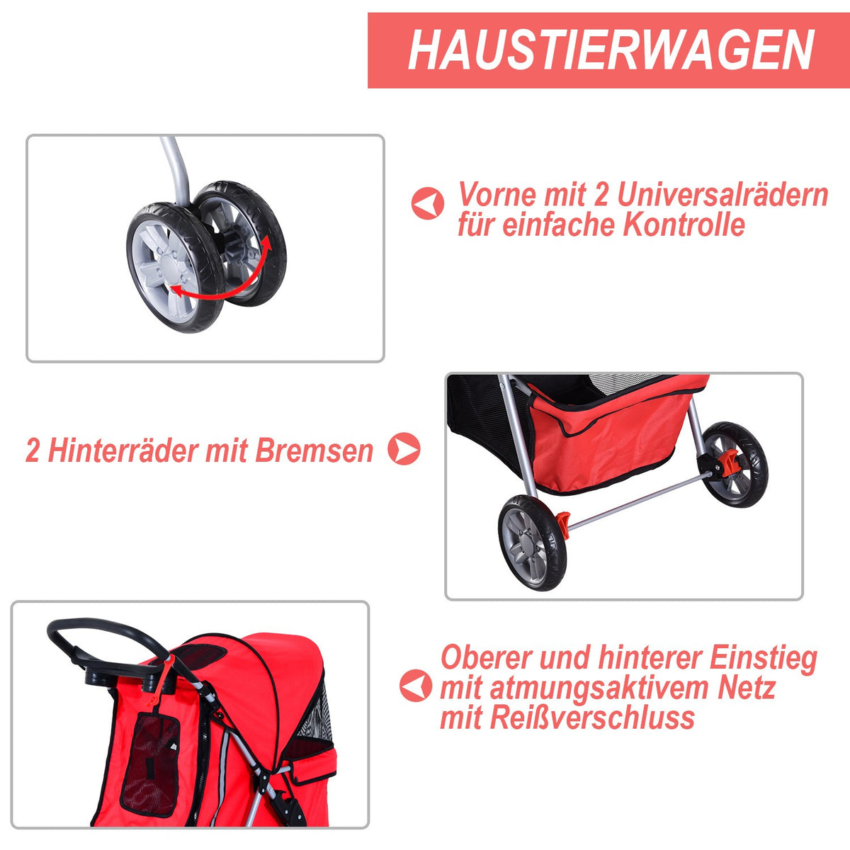 Dog Buggy Dog Cart In Red, Dog Pram Buggy Stroller Jogger Trailer, Lightweight & Foldable