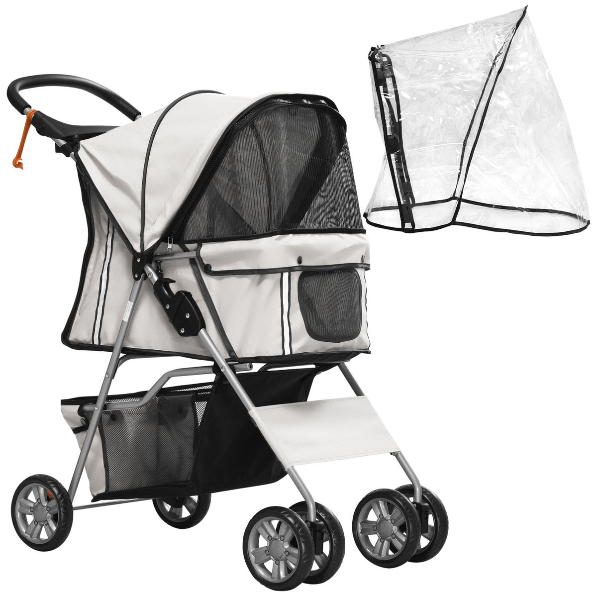 Dog Buggy Dog Cart With Rain Cover, Foldable Dog Trolley Up To 20 Kg, Gray, With Cup Holder & Mesh Window, 75X45X97Cm