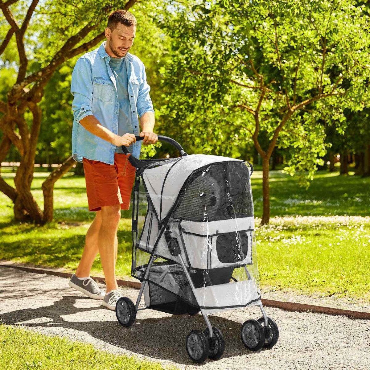 Dog Buggy Dog Cart With Rain Cover, Foldable Dog Trolley Up To 20 Kg, Gray, With Cup Holder & Mesh Window, 75X45X97Cm