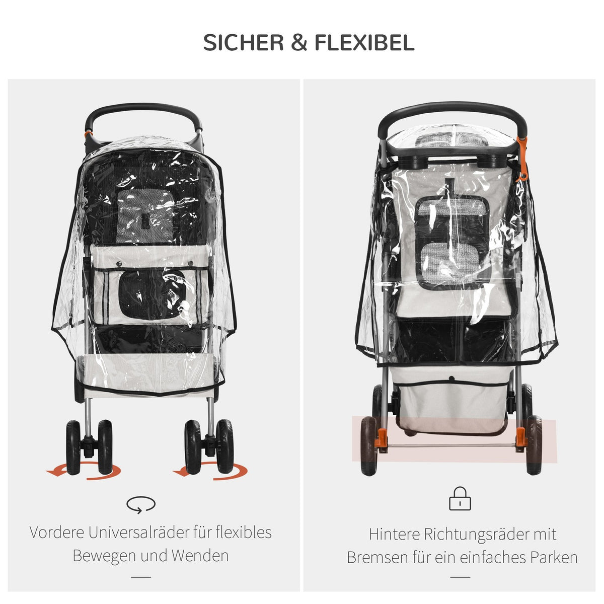 Dog Buggy Dog Cart With Rain Cover, Foldable Dog Trolley Up To 20 Kg, Gray, With Cup Holder & Mesh Window, 75X45X97Cm