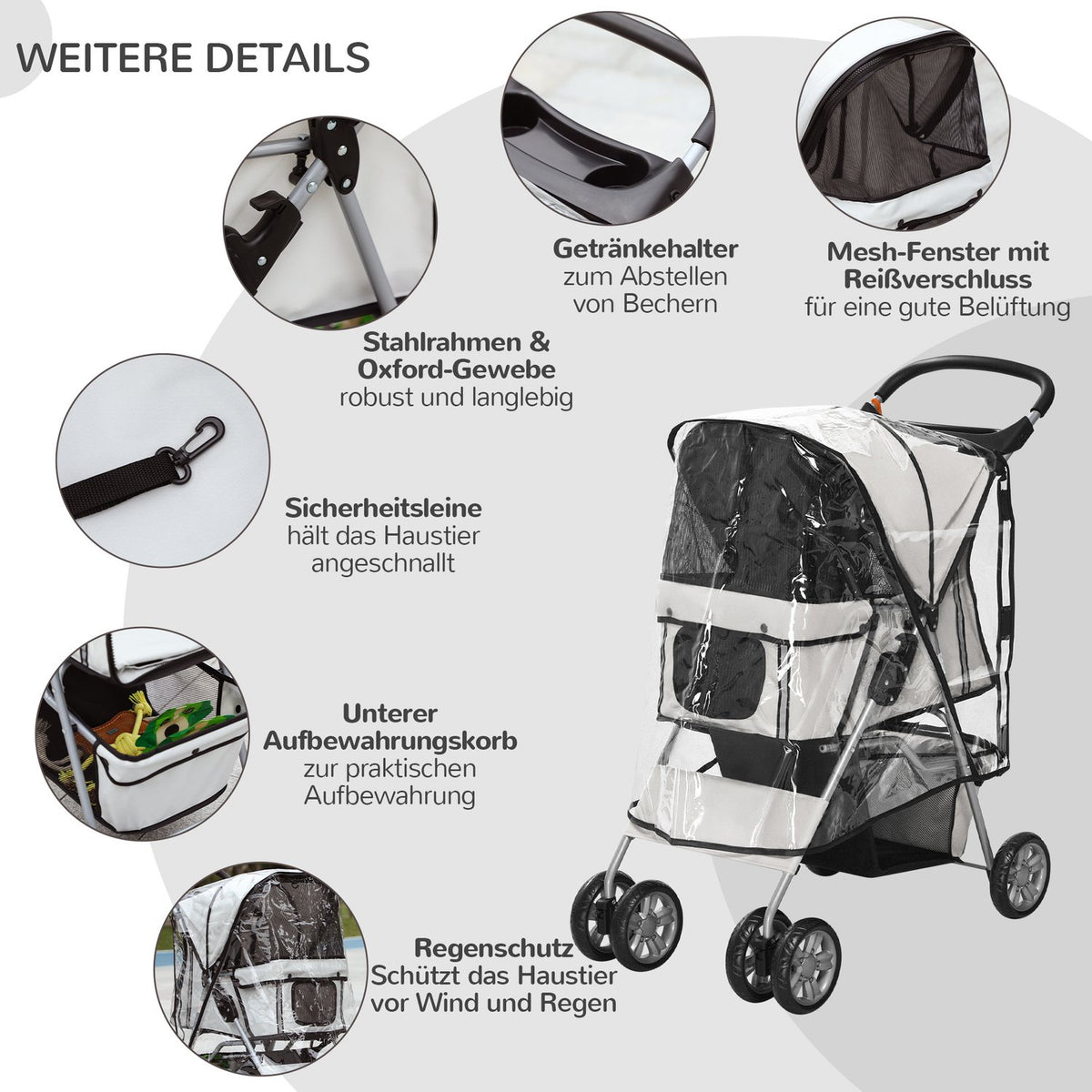 Dog Buggy Dog Cart With Rain Cover, Foldable Dog Trolley Up To 20 Kg, Gray, With Cup Holder & Mesh Window, 75X45X97Cm