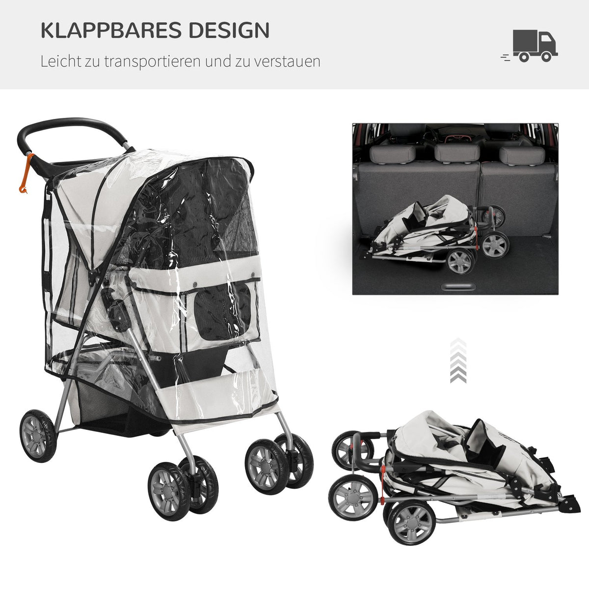 Dog Buggy Dog Cart With Rain Cover, Foldable Dog Trolley Up To 20 Kg, Gray, With Cup Holder & Mesh Window, 75X45X97Cm