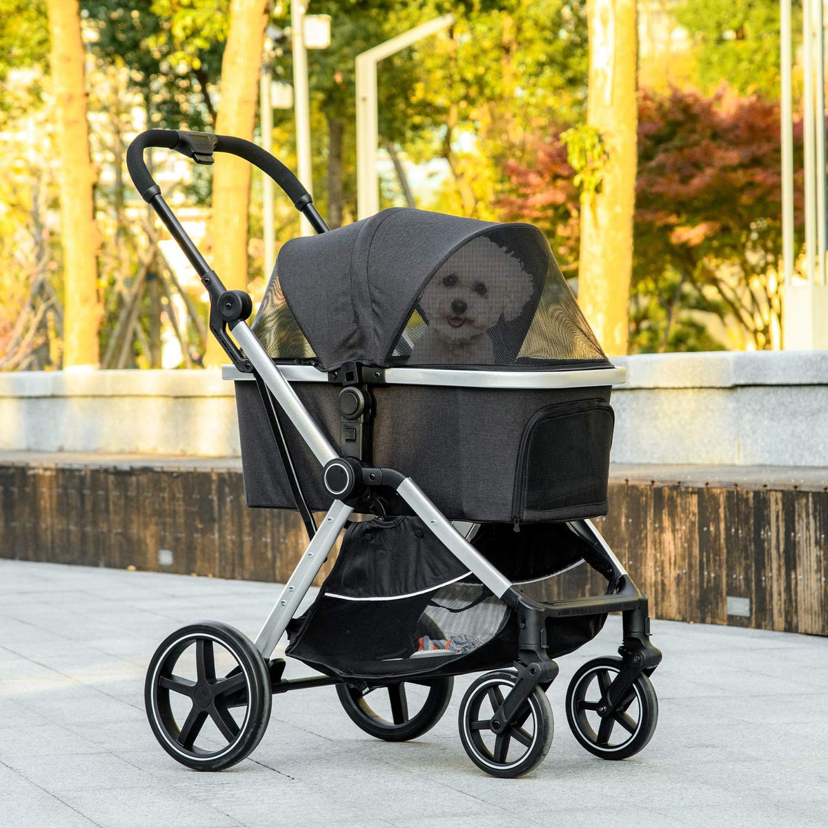 Dog Buggy Dog Cart With Rain Cover Pet Cart Cat Buggy With Safety Leashes Buggy For Small Dogs Oxford Black 84 X 58 X 110 Cm