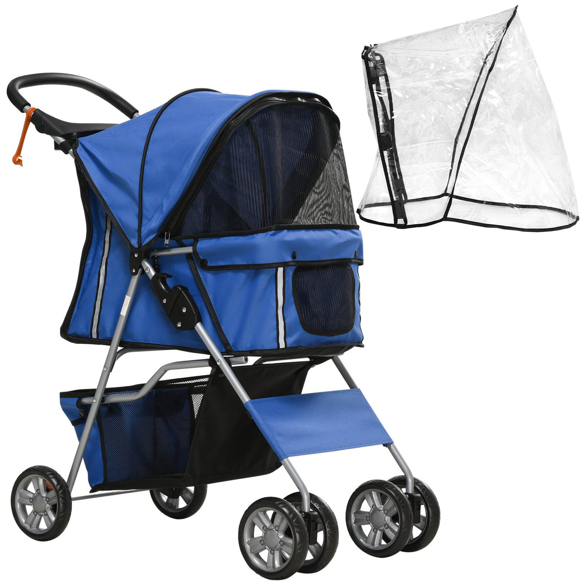 Dog Buggy, Dog Stroller With Rain Cover, Foldable Dog Trolley Up To 20 Kg, With Cup Holder, Mesh Window, Cat Stroller, Blue, 75 X 45 X 97 Cm
