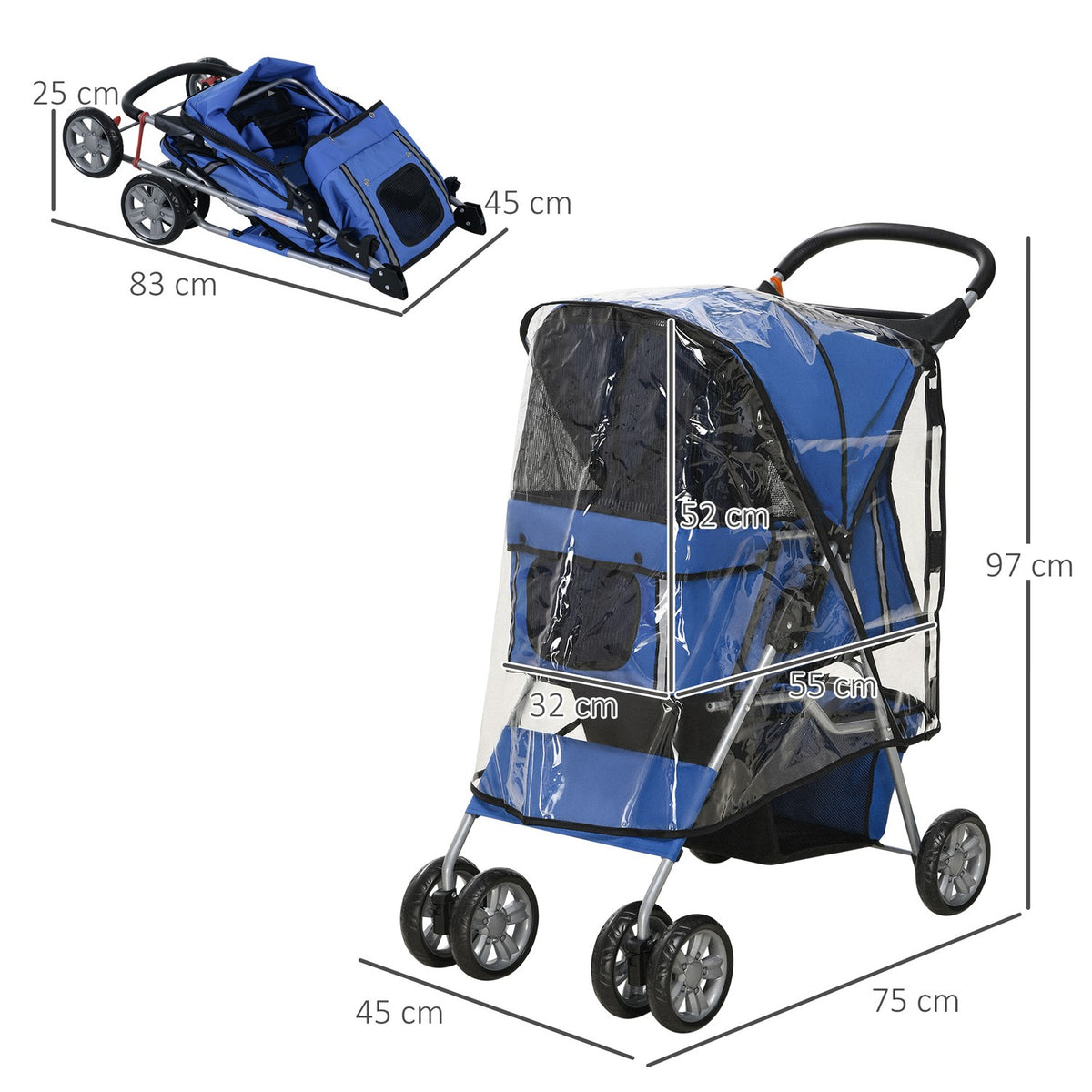 Dog Buggy, Dog Stroller With Rain Cover, Foldable Dog Trolley Up To 20 Kg, With Cup Holder, Mesh Window, Cat Stroller, Blue, 75 X 45 X 97 Cm