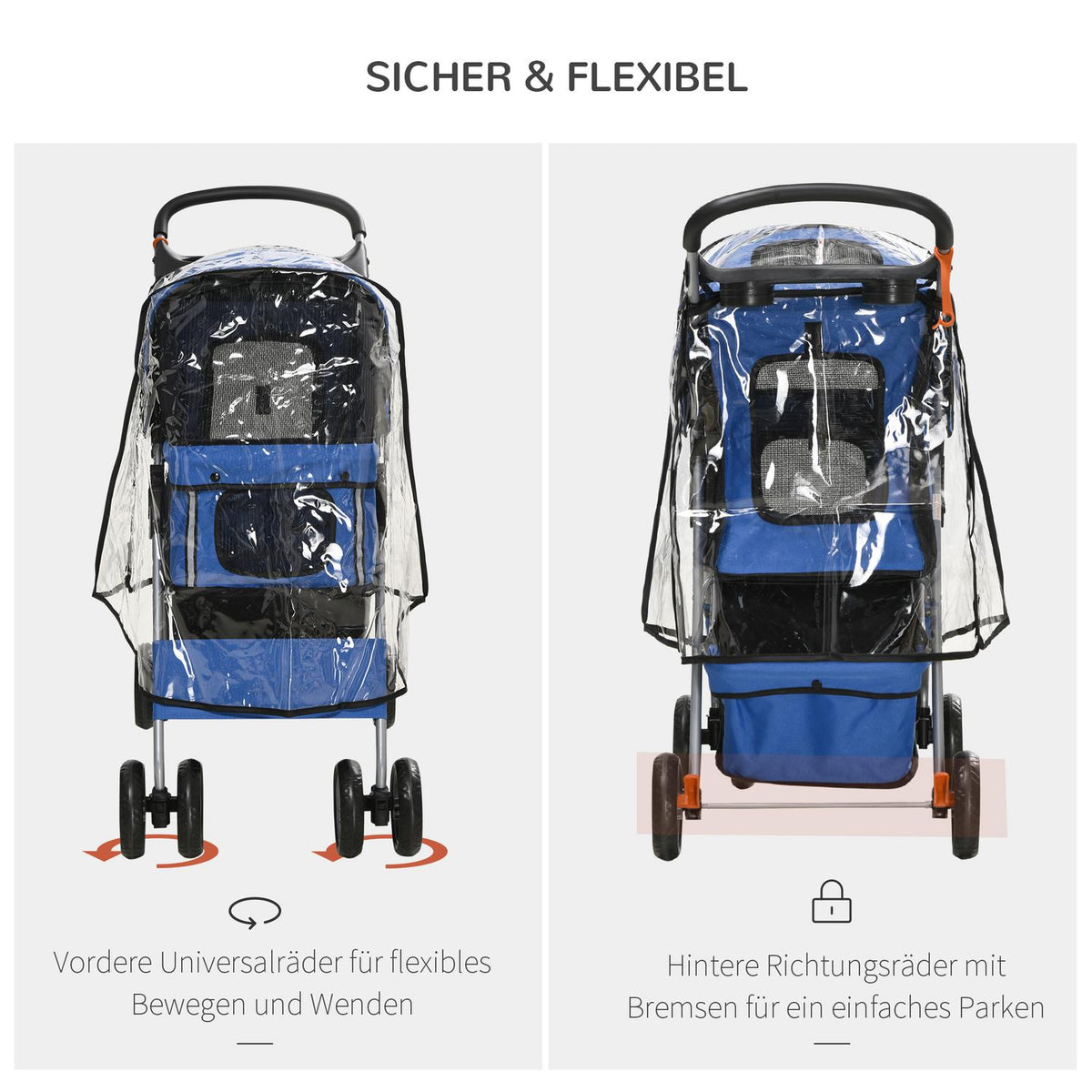 Dog Buggy, Dog Stroller With Rain Cover, Foldable Dog Trolley Up To 20 Kg, With Cup Holder, Mesh Window, Cat Stroller, Blue, 75 X 45 X 97 Cm