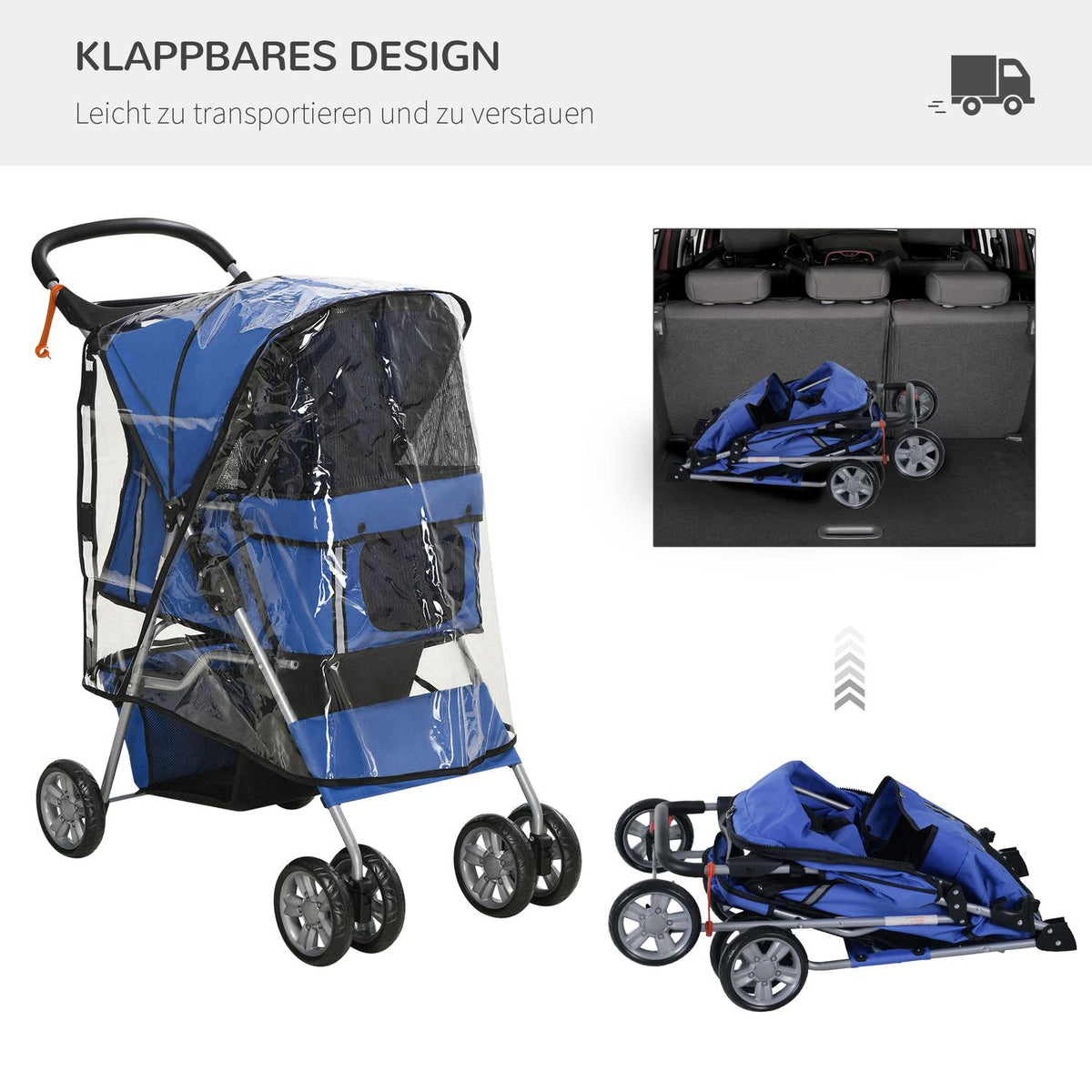 Dog Buggy, Dog Stroller With Rain Cover, Foldable Dog Trolley Up To 20 Kg, With Cup Holder, Mesh Window, Cat Stroller, Blue, 75 X 45 X 97 Cm