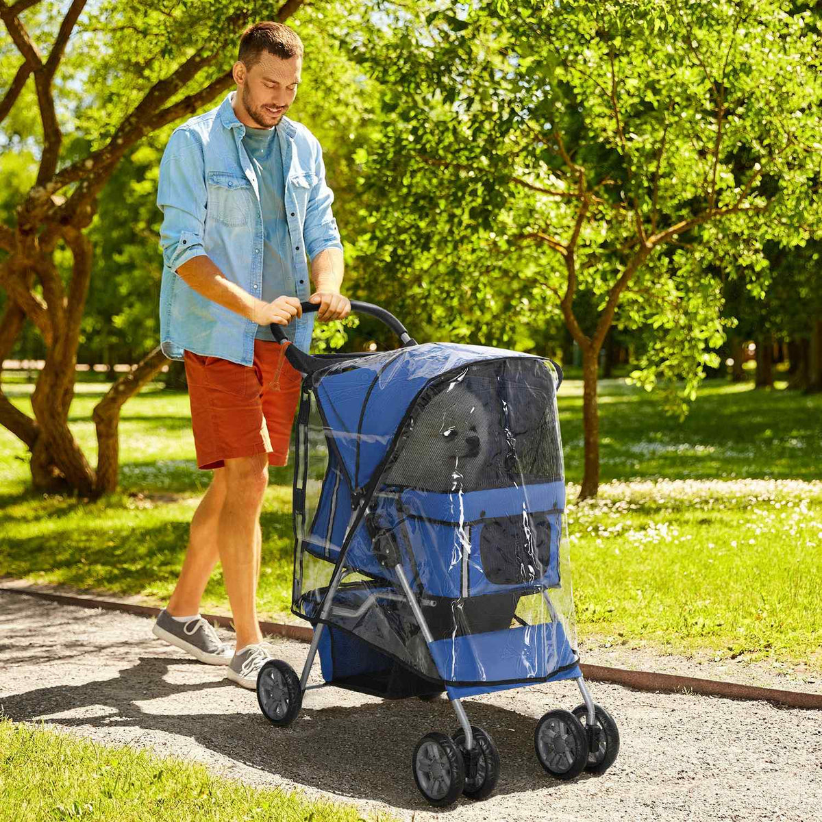 Dog Buggy, Dog Stroller With Rain Cover, Foldable Dog Trolley Up To 20 Kg, With Cup Holder, Mesh Window, Cat Stroller, Blue, 75 X 45 X 97 Cm