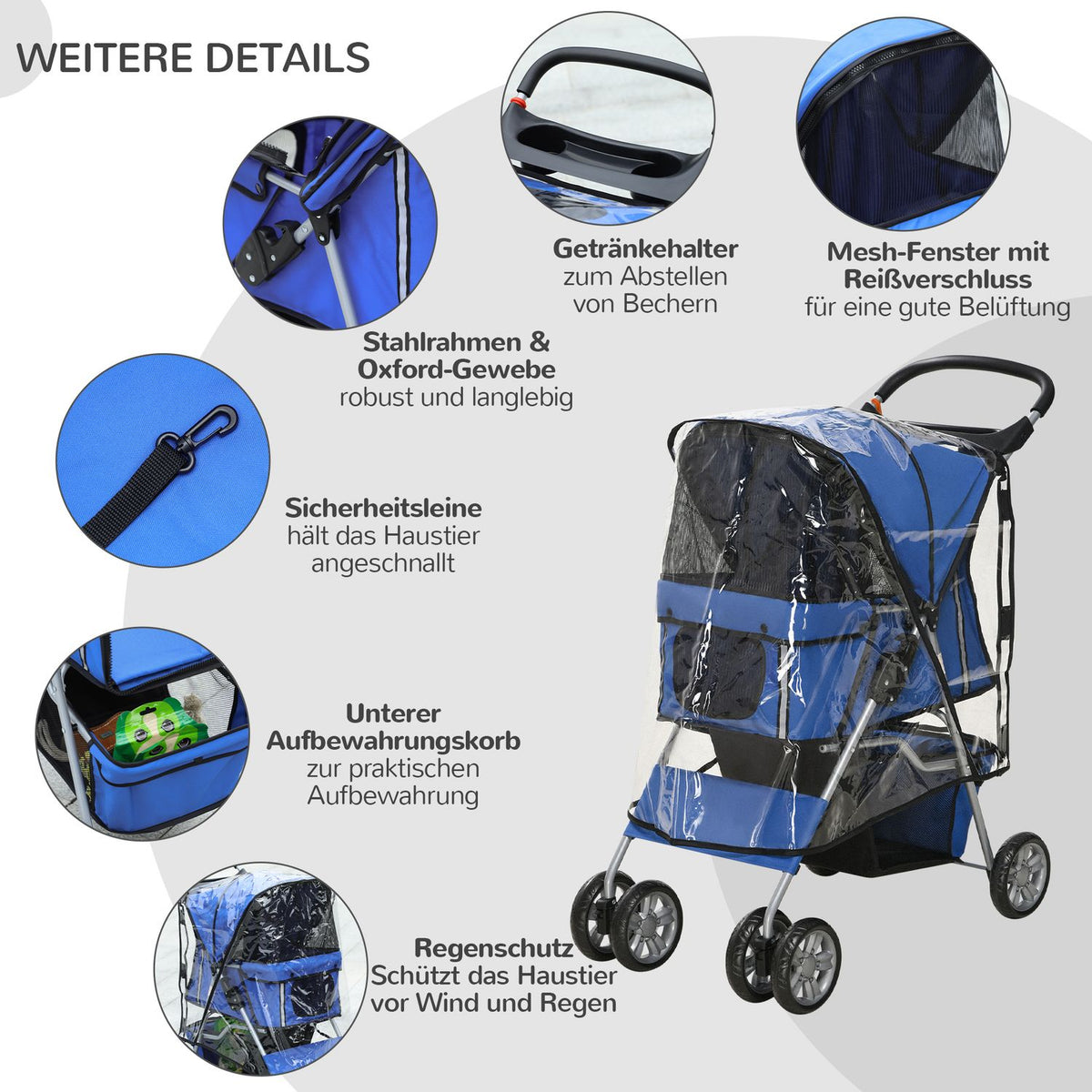 Dog Buggy, Dog Stroller With Rain Cover, Foldable Dog Trolley Up To 20 Kg, With Cup Holder, Mesh Window, Cat Stroller, Blue, 75 X 45 X 97 Cm