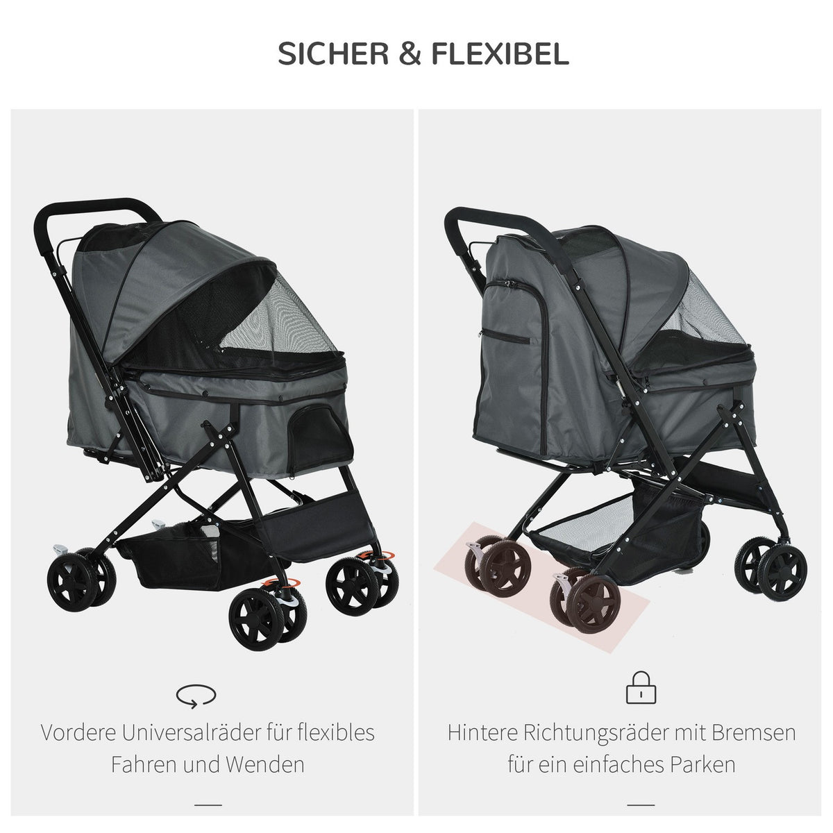 Dog Buggy Elegant Dog Stroller For Small Dogs & Cats, Pet Stroller, Cat Buggy, Oxford, Dark Gray, 76.5X52X95Cm