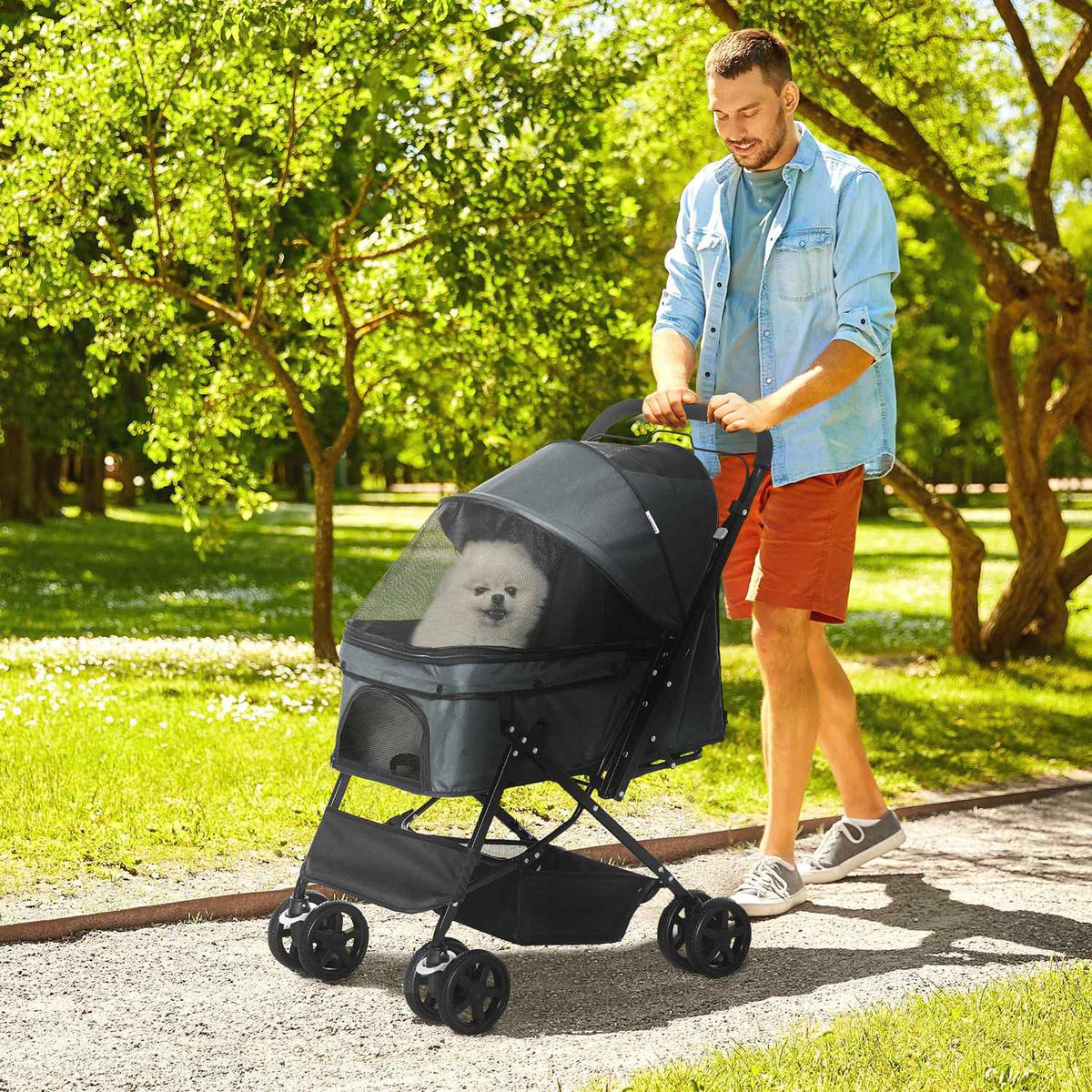 Dog Buggy Elegant Dog Stroller For Small Dogs & Cats, Pet Stroller, Cat Buggy, Oxford, Dark Gray, 76.5X52X95Cm