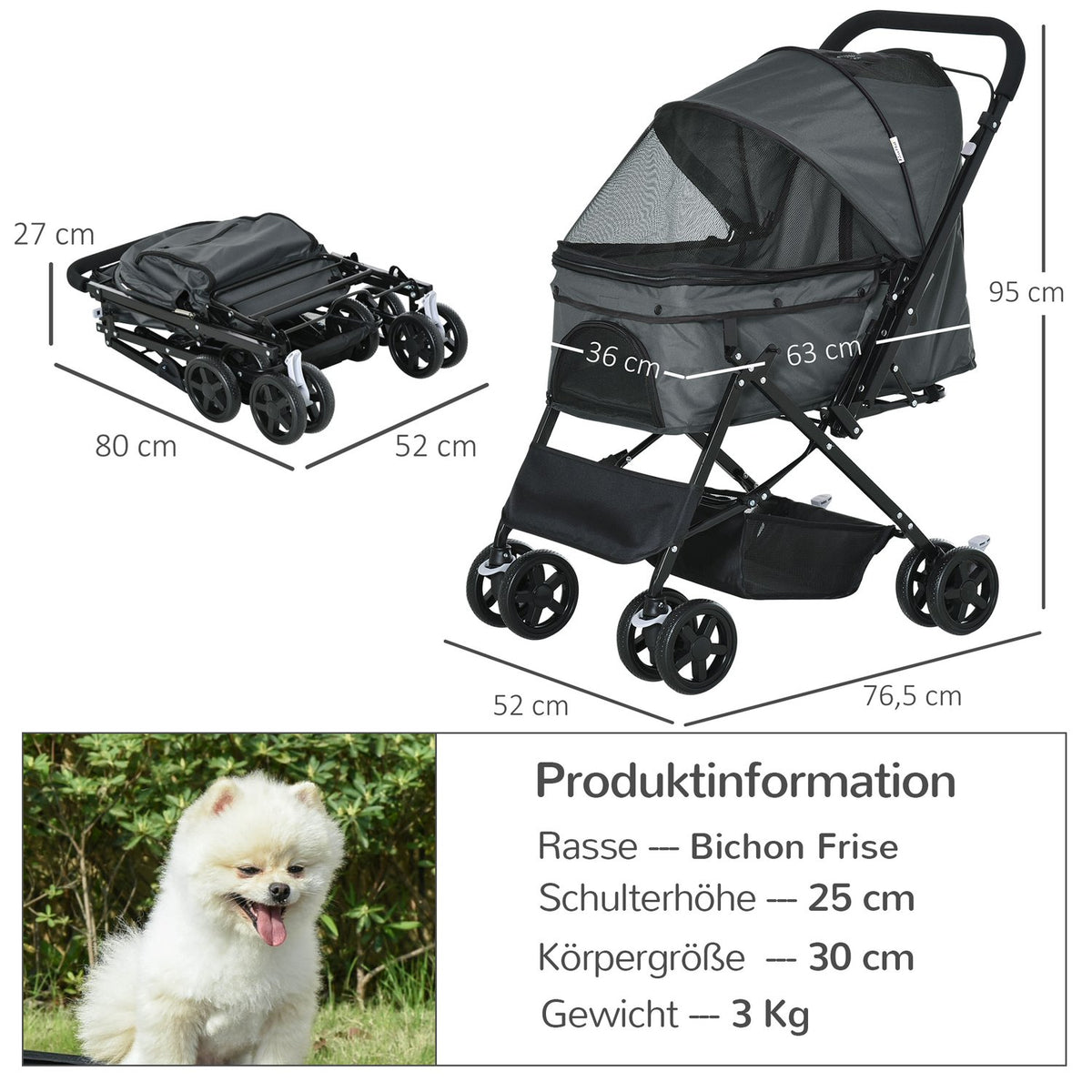 Dog Buggy Elegant Dog Stroller For Small Dogs & Cats, Pet Stroller, Cat Buggy, Oxford, Dark Gray, 76.5X52X95Cm