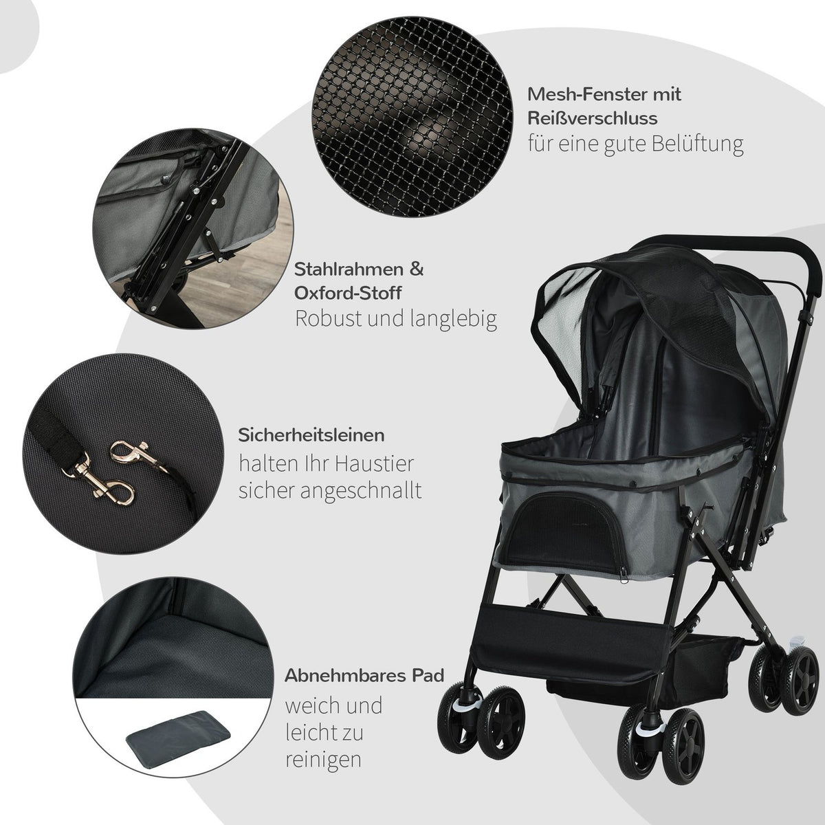 Dog Buggy Elegant Dog Stroller For Small Dogs & Cats, Pet Stroller, Cat Buggy, Oxford, Dark Gray, 76.5X52X95Cm