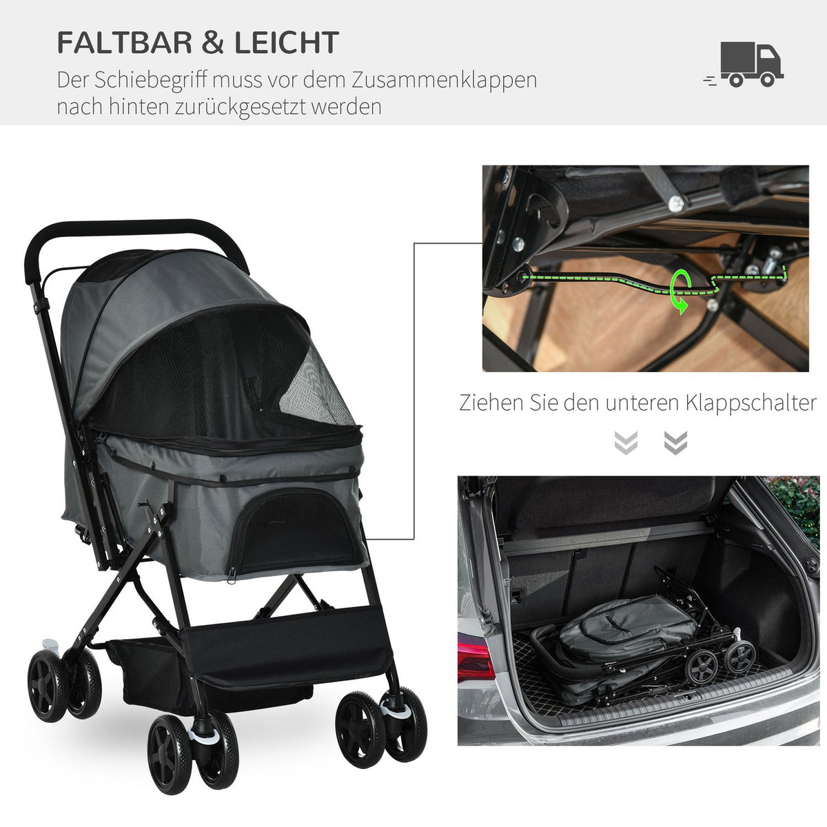 Dog Buggy Elegant Dog Stroller For Small Dogs & Cats, Pet Stroller, Cat Buggy, Oxford, Dark Gray, 76.5X52X95Cm
