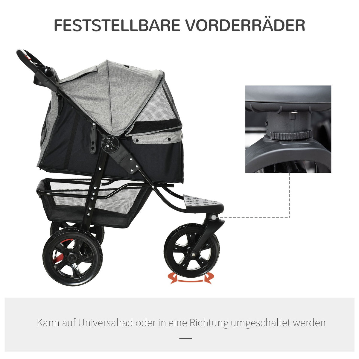 Dog Buggy Practical Pet Stroller With 3 Wheels, Foldable, Ideal For Dogs & Cats, Oxford, Grey+Black, 109.5X57.5X106.5Cm