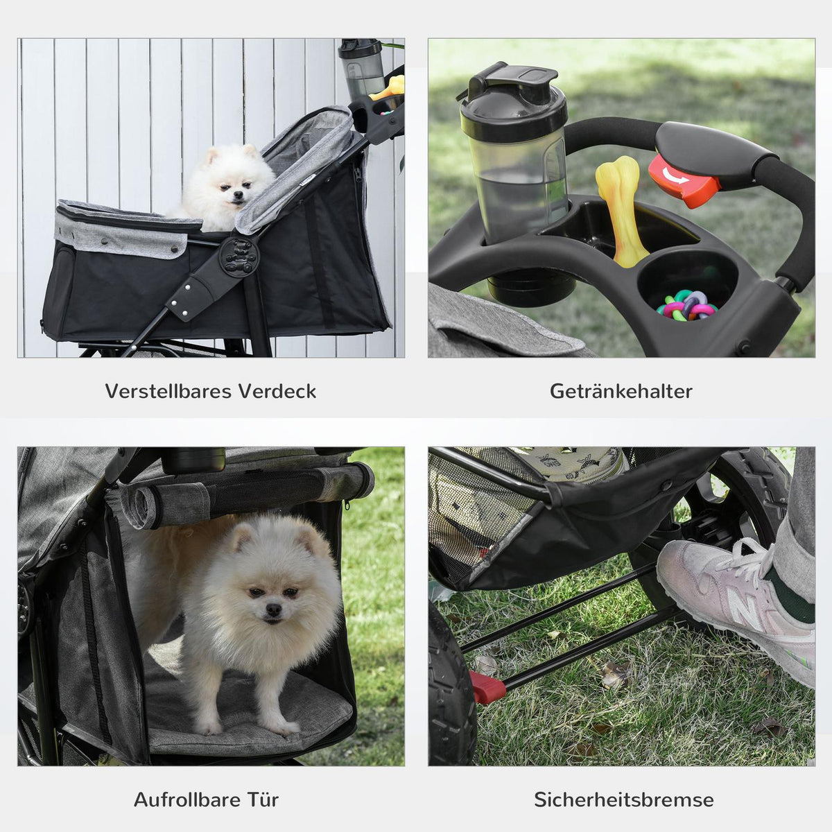 Dog Buggy Practical Pet Stroller With 3 Wheels, Foldable, Ideal For Dogs & Cats, Oxford, Grey+Black, 109.5X57.5X106.5Cm