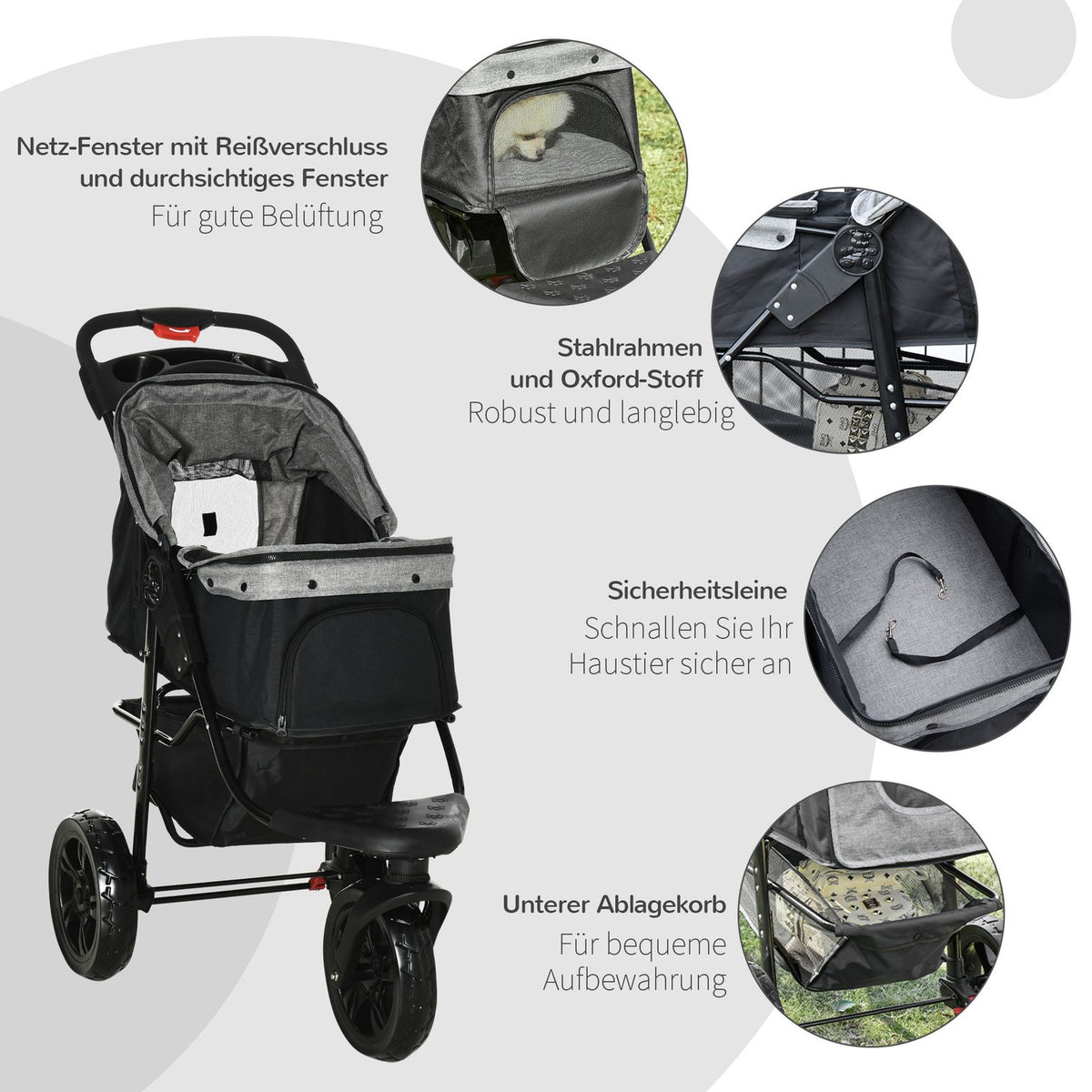 Dog Buggy Practical Pet Stroller With 3 Wheels, Foldable, Ideal For Dogs & Cats, Oxford, Grey+Black, 109.5X57.5X106.5Cm