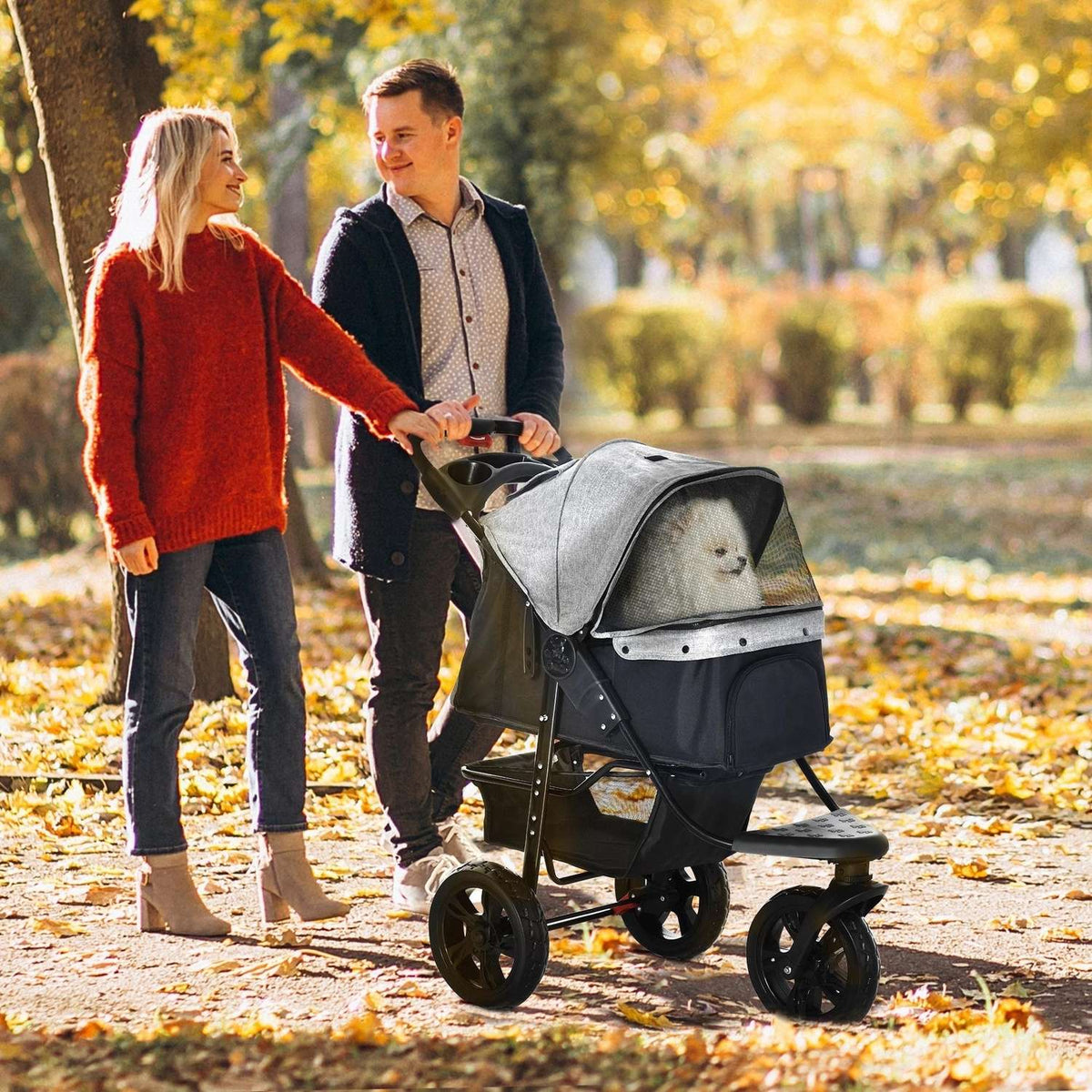 Dog Buggy Practical Pet Stroller With 3 Wheels, Foldable, Ideal For Dogs & Cats, Oxford, Grey+Black, 109.5X57.5X106.5Cm