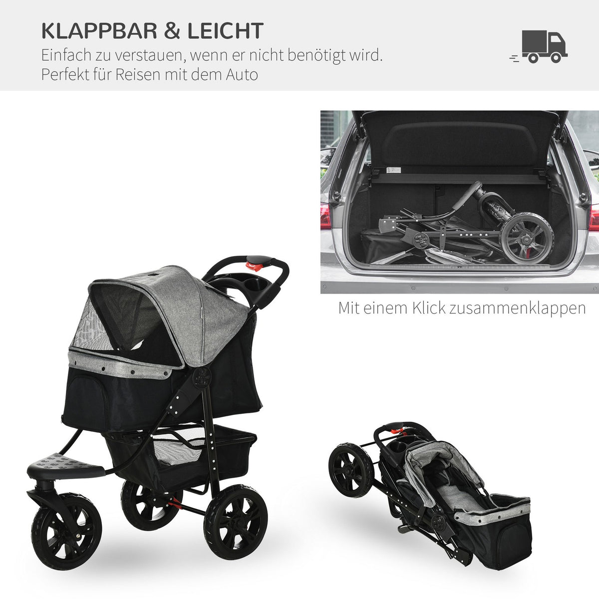 Dog Buggy Practical Pet Stroller With 3 Wheels, Foldable, Ideal For Dogs & Cats, Oxford, Grey+Black, 109.5X57.5X106.5Cm
