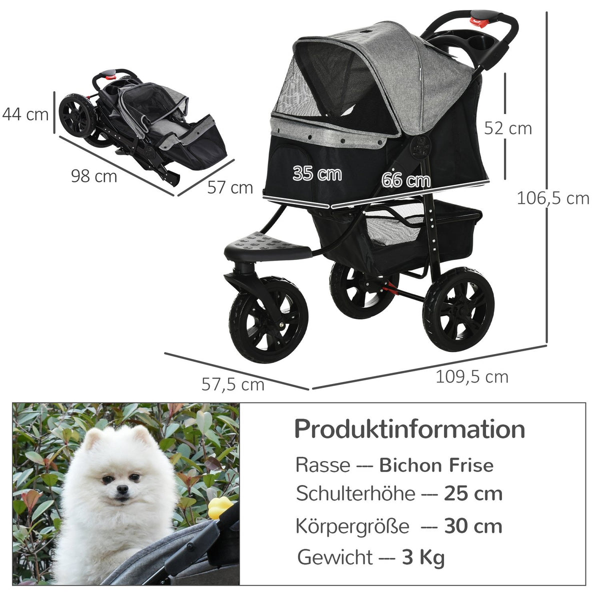 Dog Buggy Practical Pet Stroller With 3 Wheels, Foldable, Ideal For Dogs & Cats, Oxford, Grey+Black, 109.5X57.5X106.5Cm