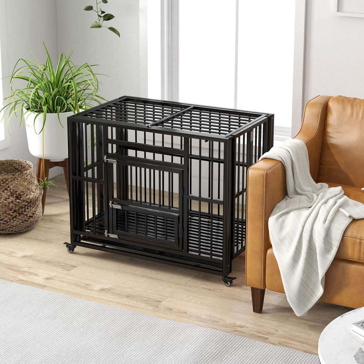 Dog Cage Dog Crate With Double Doors Dog Kennel Wheels Dog House Steel Black 94 X 58 X 78 Cm