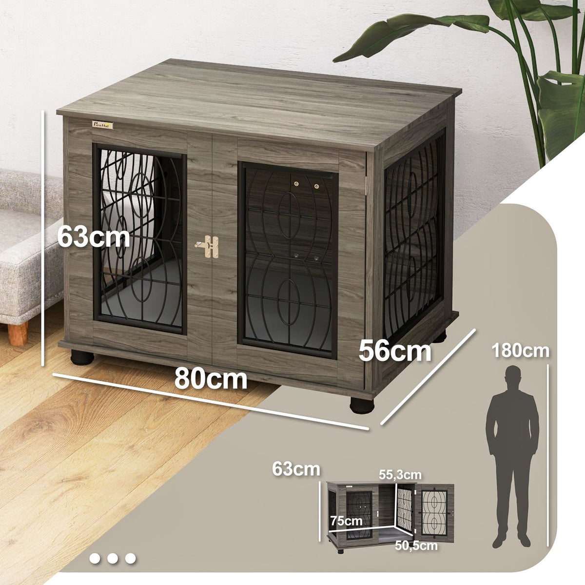 Dog Cage Dog House Cushion Lockable Front Door Dog Kennel Wire Mesh Up To 20Kg Gray 80X56X63Cm