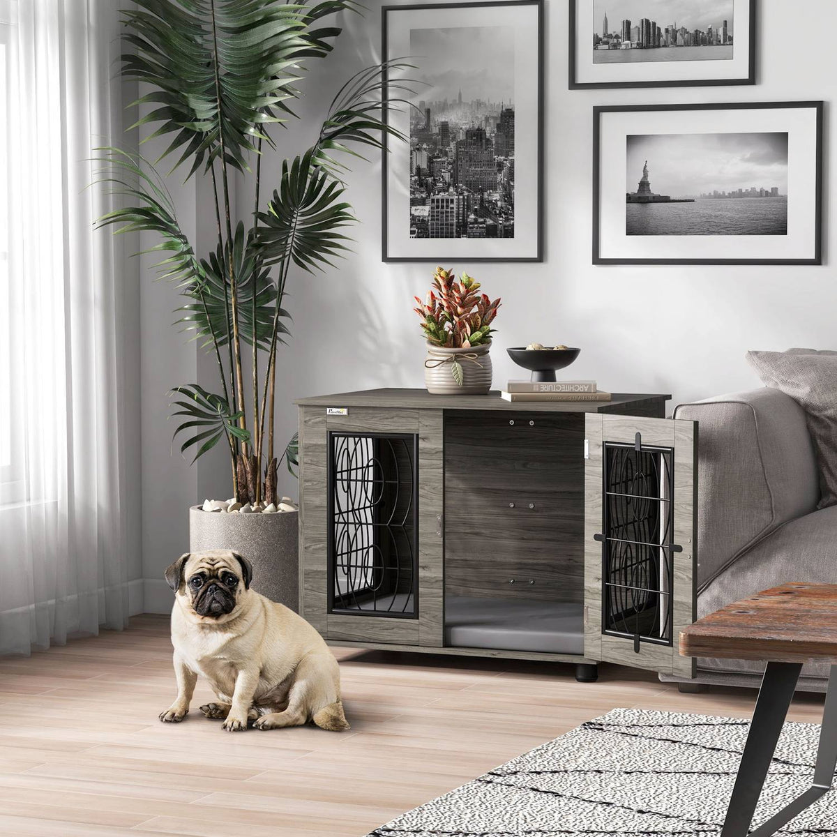 Dog Cage Dog House Cushion Lockable Front Door Dog Kennel Wire Mesh Up To 20Kg Gray 80X56X63Cm