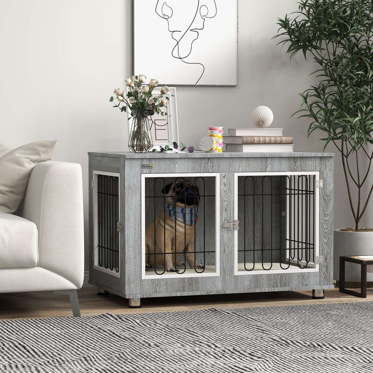 Dog Cage, Dog House, With Cushion, 2 Latches For Medium Dogs, Dog Crate With Double Doors, Dog House, Gray, 90 X 58 X 65 Cm