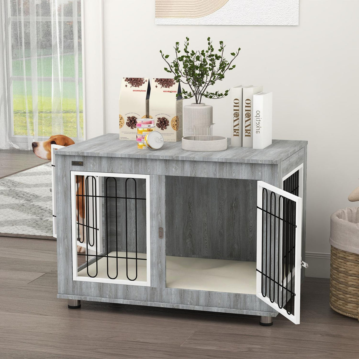 Dog Cage, Dog House, With Cushion, 2 Latches For Medium Dogs, Dog Crate With Double Doors, Dog House, Gray, 90 X 58 X 65 Cm