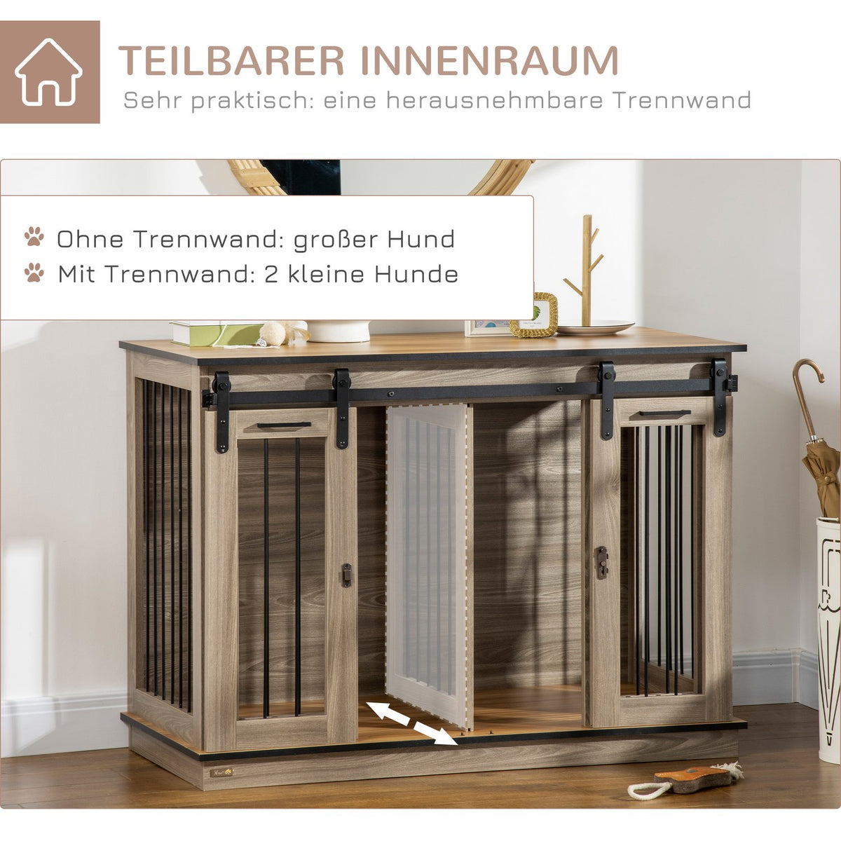 Dog Cage, Pet Cage, Dog House With Two Room Option For Medium Dogs, Dog Crate With Double Doors, Dog House, Oak