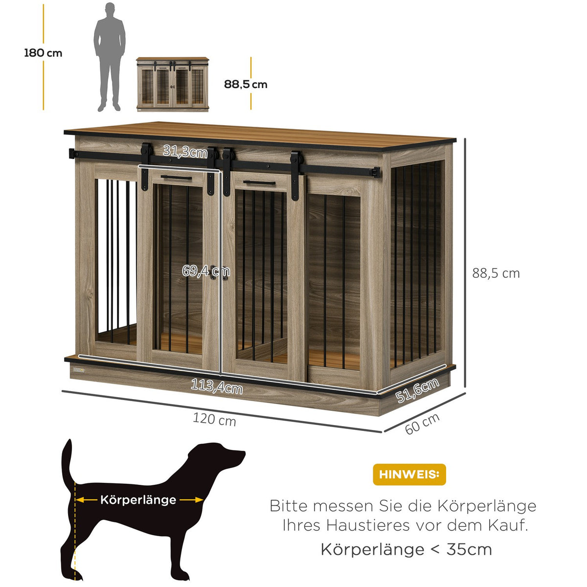Dog Cage, Pet Cage, Dog House With Two Room Option For Medium Dogs, Dog Crate With Double Doors, Dog House, Oak