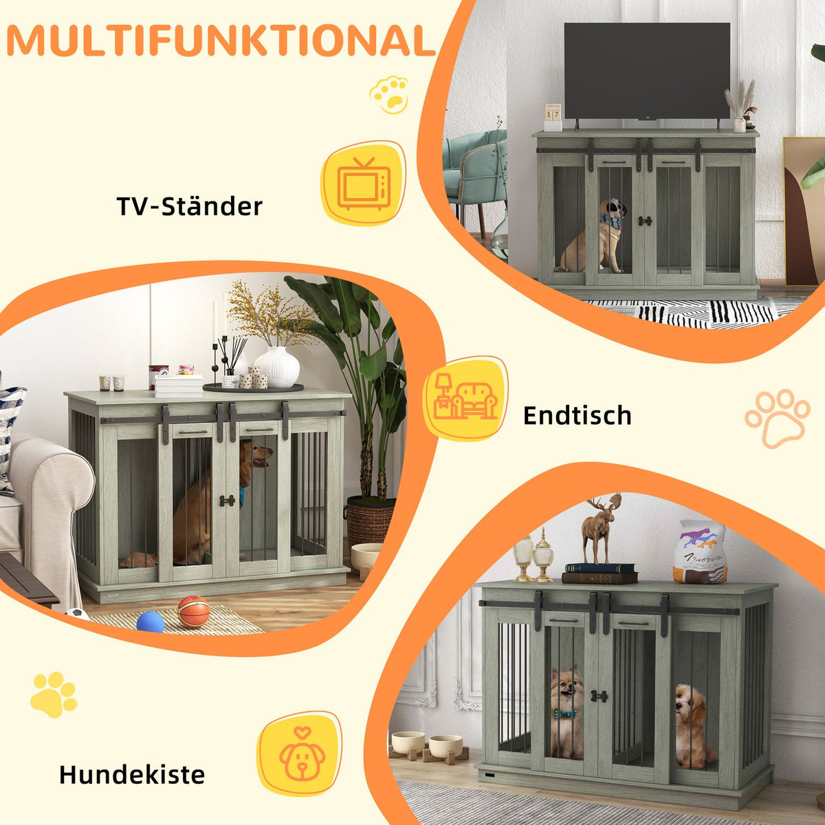 Dog Cage, Pet Cage, Dog House with Two Room Option for Medium Dogs, Dog Crate with Double Doors, Dog House, Grey, 120 x 60 x 88.5 cm