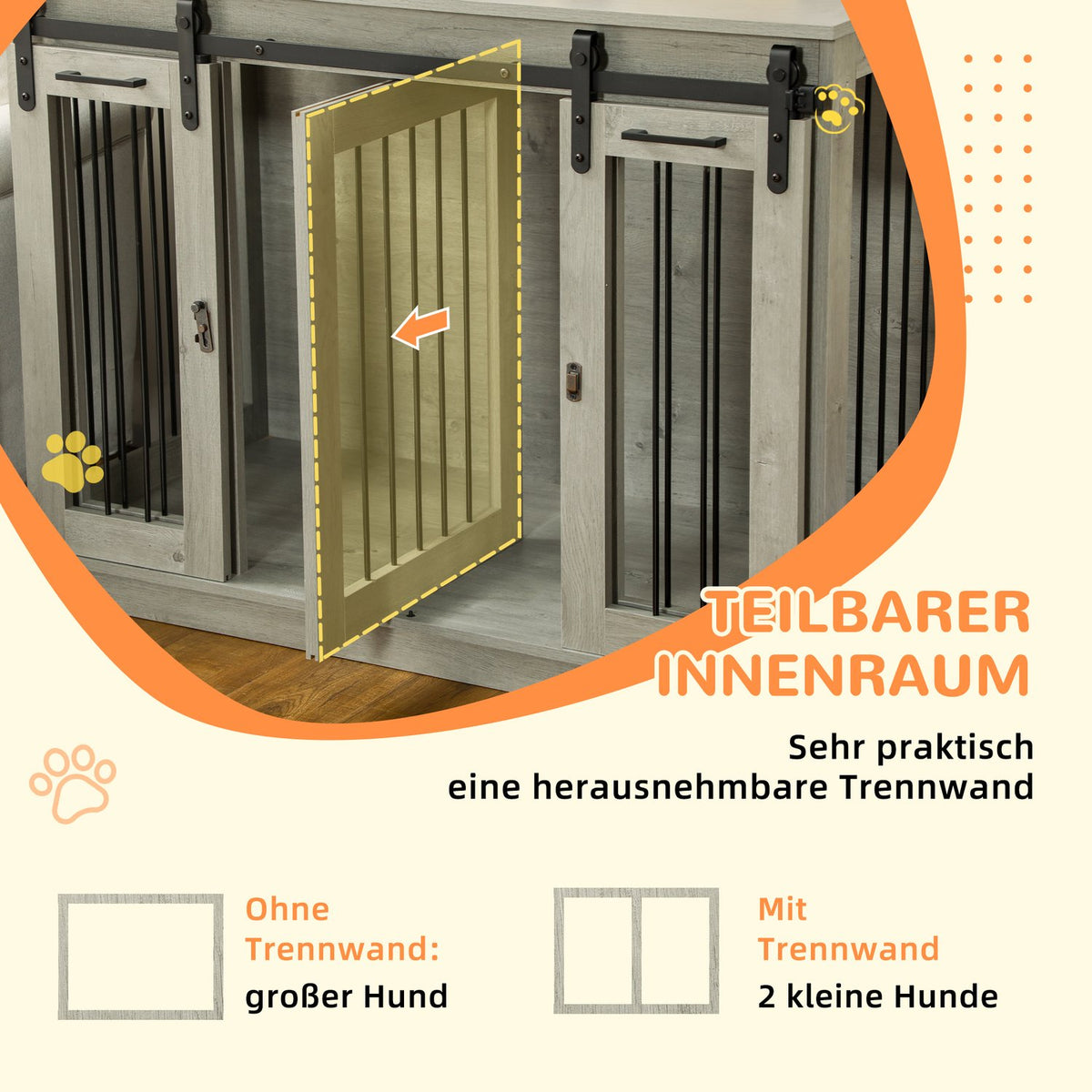 Dog Cage, Pet Cage, Dog House with Two Room Option for Medium Dogs, Dog Crate with Double Doors, Dog House, Grey, 120 x 60 x 88.5 cm