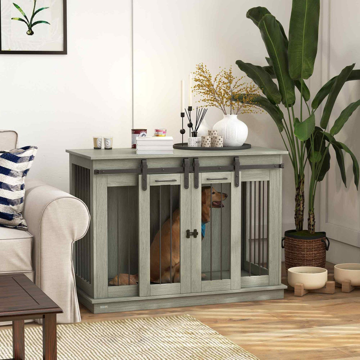 Dog Cage, Pet Cage, Dog House with Two Room Option for Medium Dogs, Dog Crate with Double Doors, Dog House, Grey, 120 x 60 x 88.5 cm