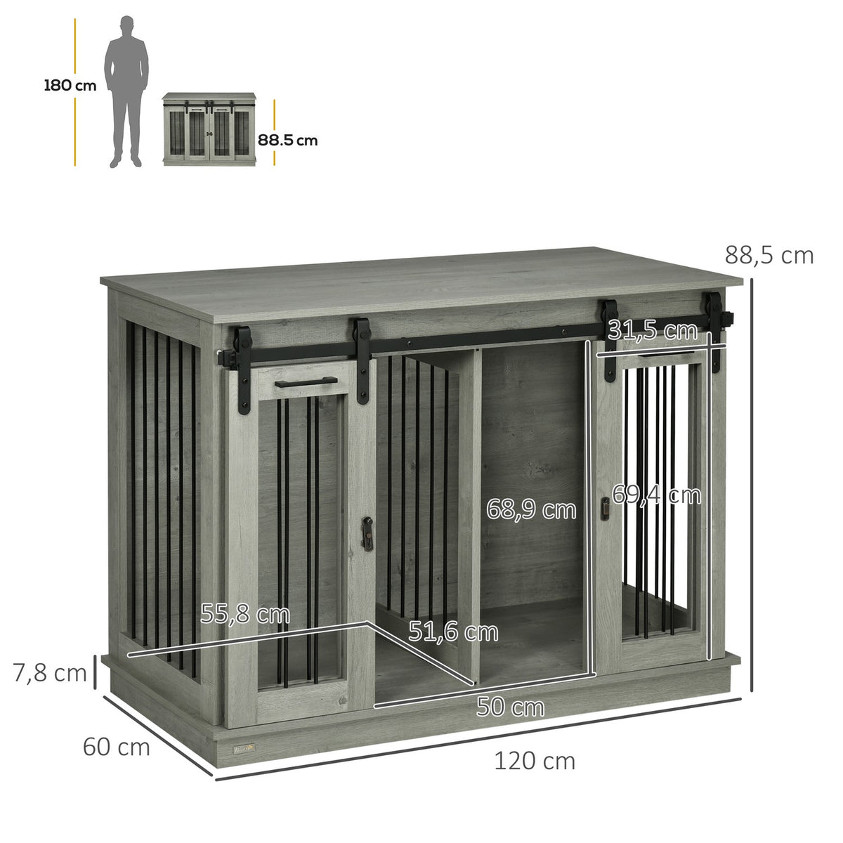 Dog Cage, Pet Cage, Dog House with Two Room Option for Medium Dogs, Dog Crate with Double Doors, Dog House, Grey, 120 x 60 x 88.5 cm