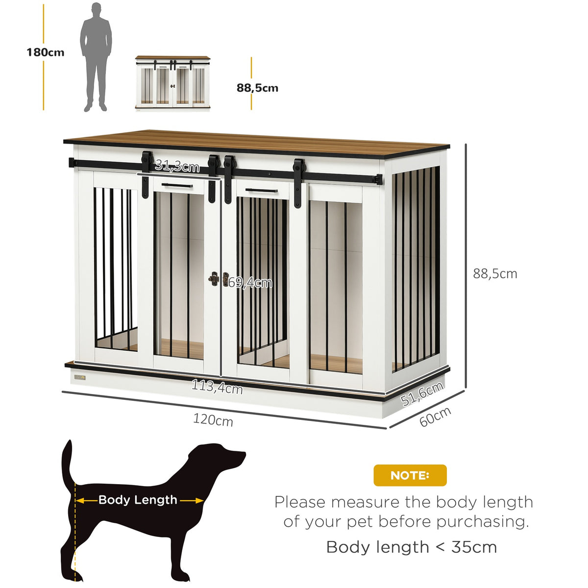 Dog Cage, Pet Cage, Dog House with Two Room Option for Medium Dogs, Dog Crate with Double Doors, Dog House, White, 120 x 60 x 88.5 cm