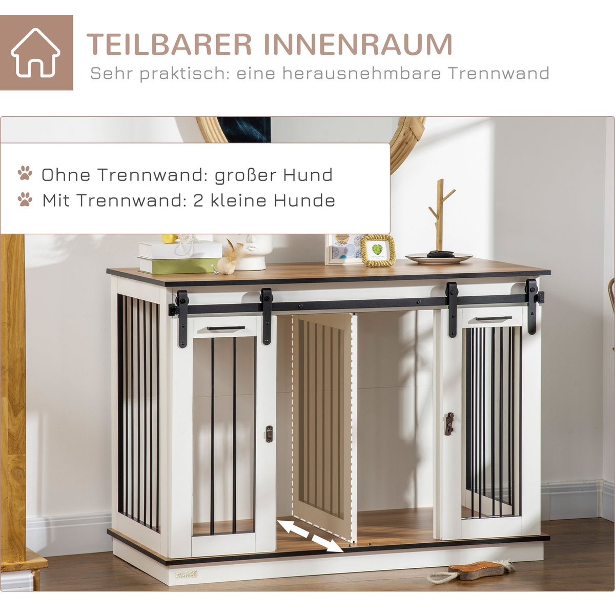 Dog Cage, Pet Cage, Dog House with Two Room Option for Medium Dogs, Dog Crate with Double Doors, Dog House, White, 120 x 60 x 88.5 cm